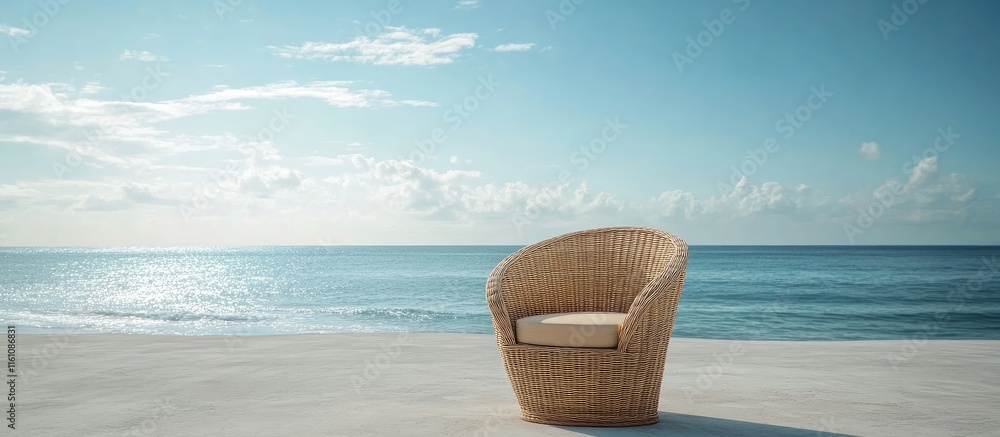Aufkleber wicker chair positioned on a tranquil beach with ocean backdrop and blank space for customizable tex