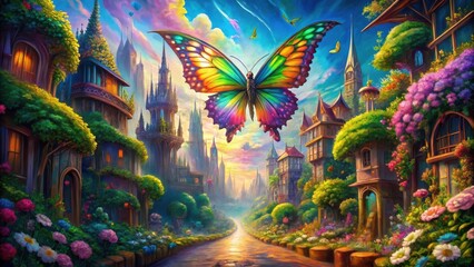 Fototapeta premium A Vibrant Butterfly Soars Above a Fantastical City Filled with Lush Gardens and Charming Homes