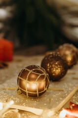 Chocolate desserts Christmas tree toys on the table with decor.