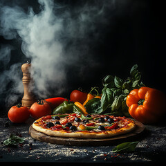 An overhead shot of a gourmet pizza topped with truffle oil, mushrooms, and cheese, set against a dark background for dramatic effect