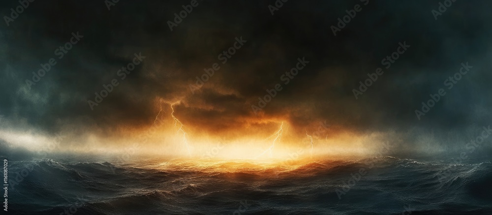 Poster dramatic lightning over dark clouds and ocean waves atmospheric scene with space for text