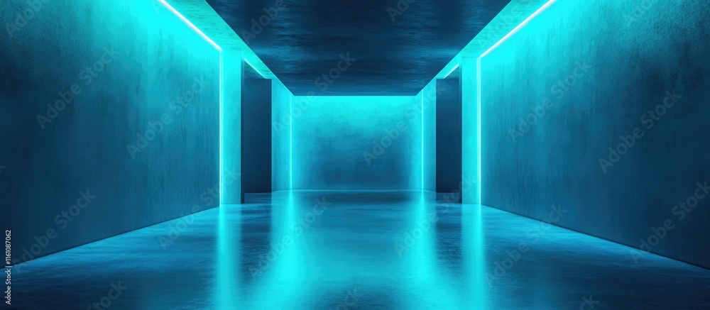 Poster cyan and teal illuminated corridor with reflective floor and space for text in a modern futuristic d
