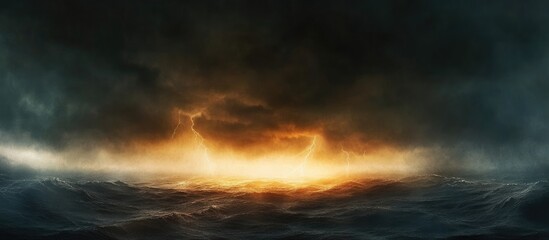 Dramatic Lightning Over Dark Clouds and Ocean Waves Atmospheric Scene with Space for Text