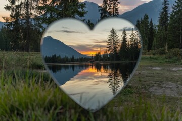Heart-shaped mirror reflects serene mountain landscape.