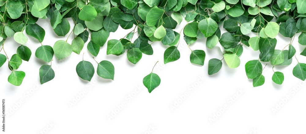 Poster green eucalyptus leaves arranged on white background creating a natural frame with ample space for t