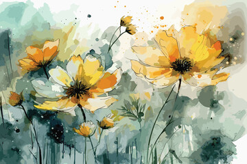 Watercolor painting set of yellow wild flowers branches on white background, vector illustration