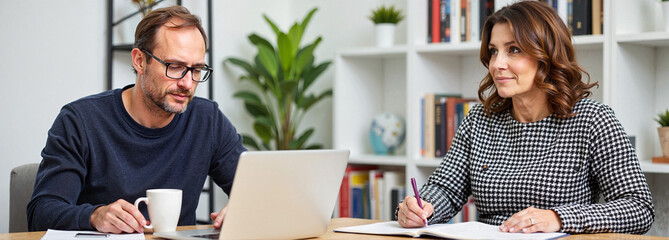 Two professionals working together at a desk in a modern office