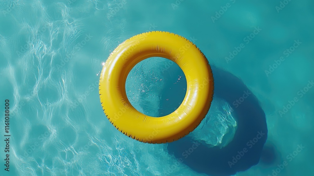 Poster yellow inflatable pool ring on calm turquoise water surface creating a serene summer vacation atmosp