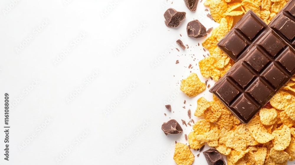 Aufkleber cornflakes and chocolate bars on white background with empty space for creative text or branding