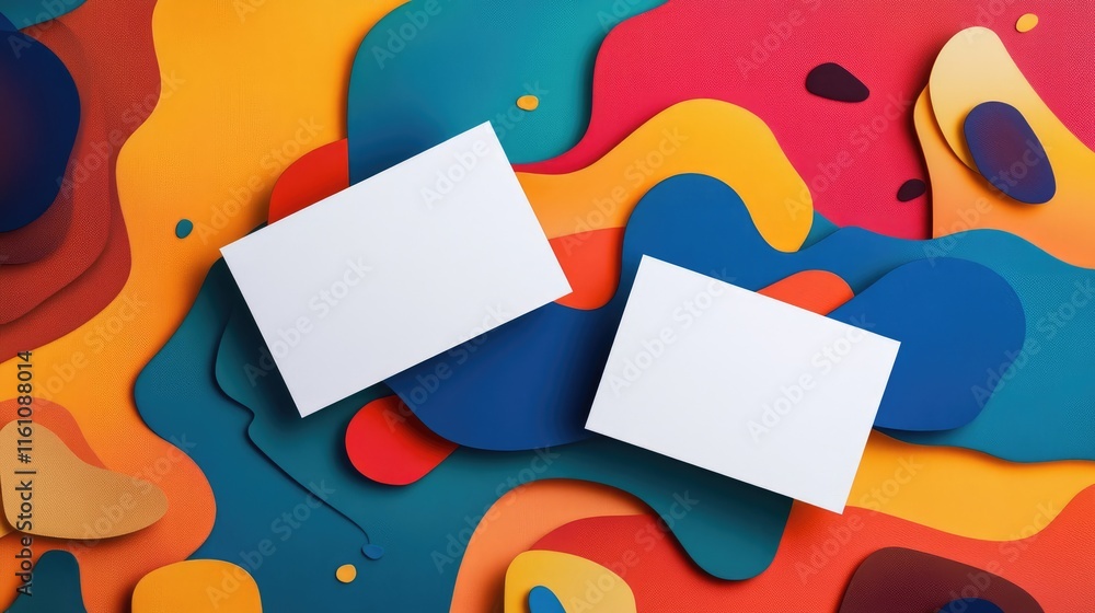 Poster two blank business cards resting on a colorful abstract background for marketing or design concepts