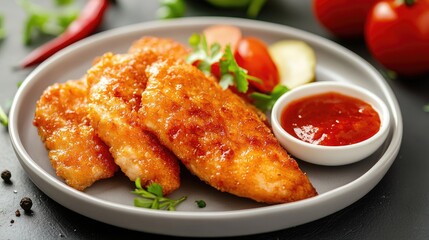 Delicious sweet and sour chicken fillet served with fresh vegetables and tangy tomato sauce on a stylish plate