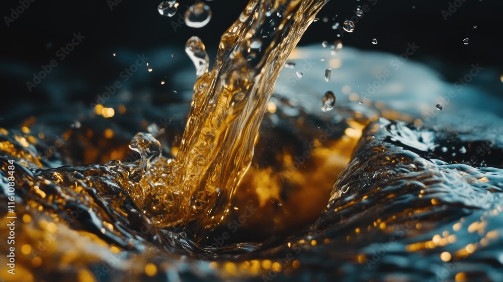 Poster flowing golden liquid with captivating waves and sparkling droplets reflecting light in a dynamic an
