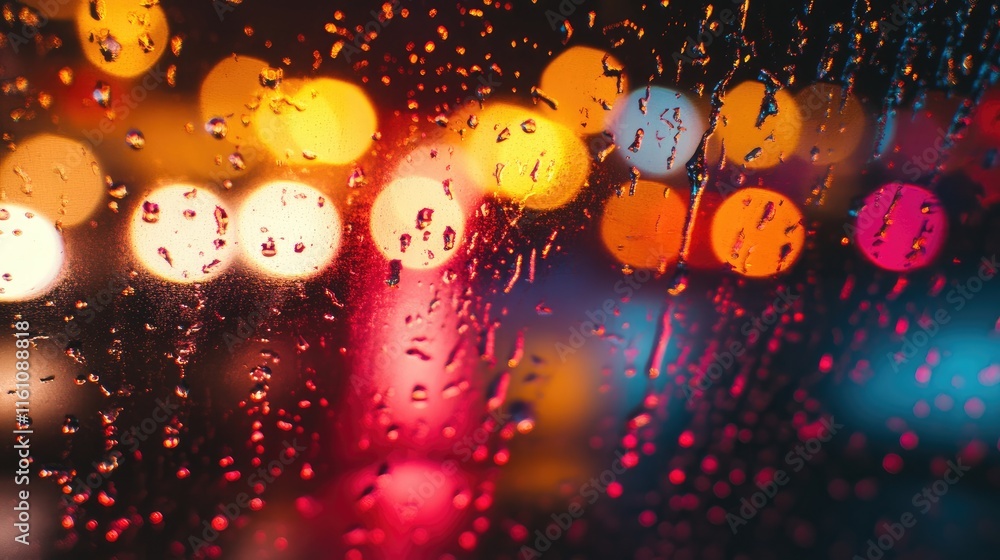 Poster raindrops on window glass with colorful city lights in background soft focus and backlight effect