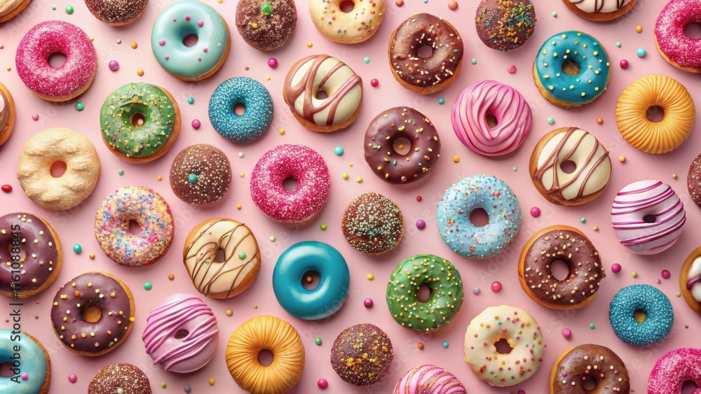 Poster a vibrant and colorful collection of freshly glazed donuts decorated with sprinkles, arranged in a p