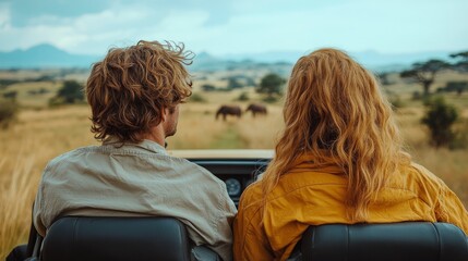 Fototapeta premium Couple observing wildlife from a safari vehicle in a scenic savanna setting during a sunny day