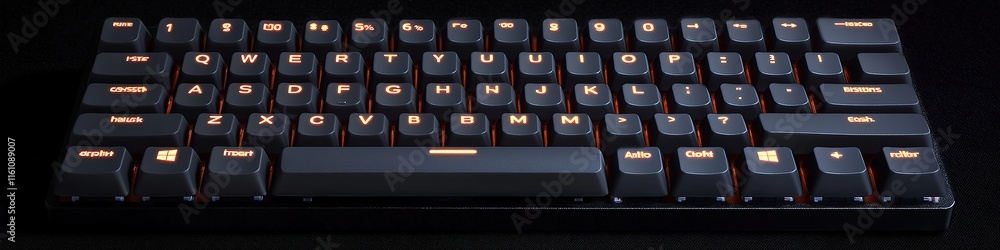 Poster single wireless keyboard with glowing shortcuts displayed on matte black surface under soft light