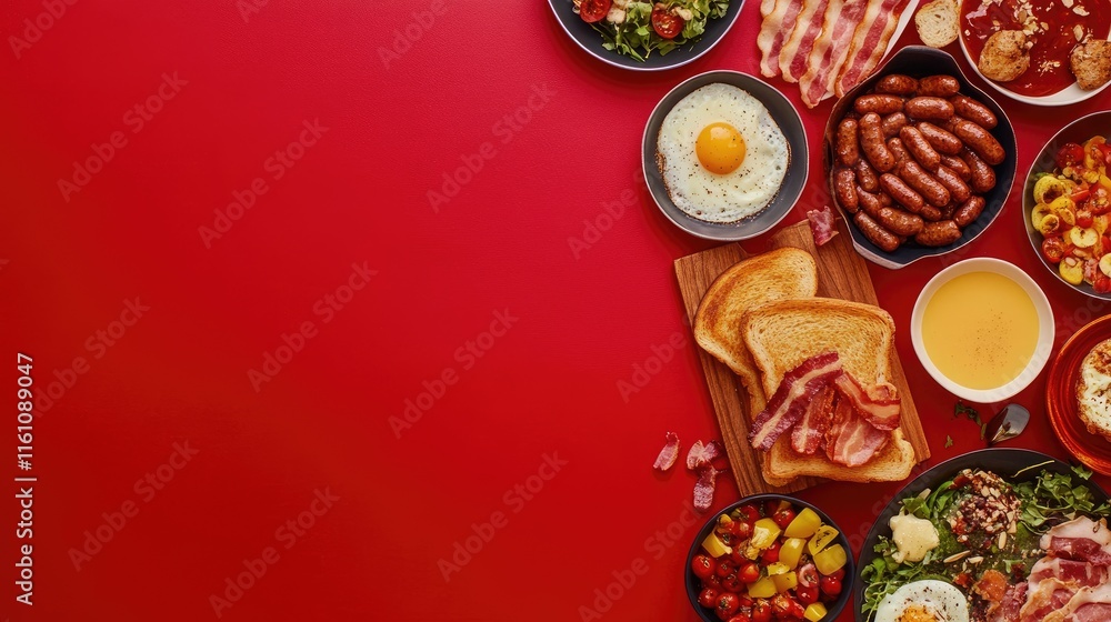 Poster breakfast spread flat lay with toast bacon sausage eggs and assorted dishes on a vibrant red backdro