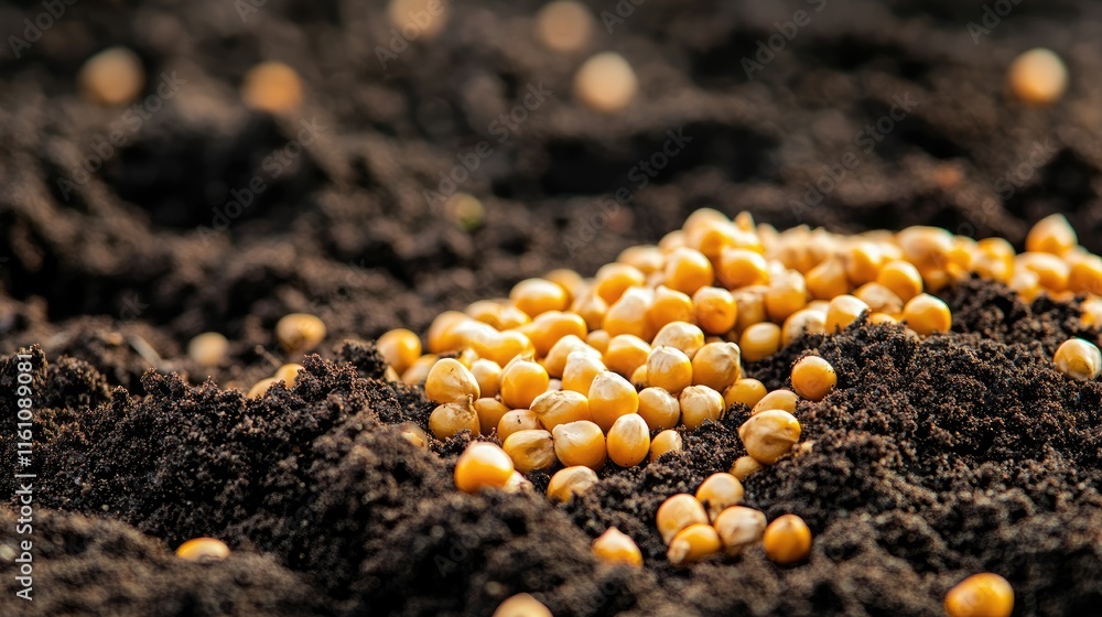 Poster corn seeds scattered on rich soil creating a planting concept with empty copyspace for agricultural 