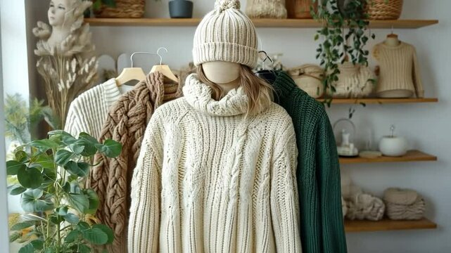 Cozy Winter Knits: A rustic, inviting scene featuring a collection of soft, chunky knit sweaters and a cozy hat, perfect for the colder months.