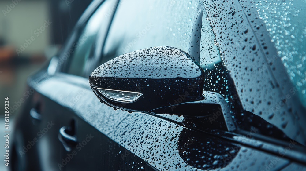 Aufkleber raindrops and dew on car window with reflections showing moisture droplets and shiny surface in urba