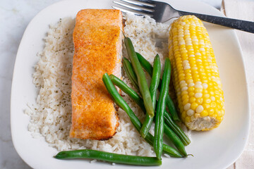 seasoned salmon  served with rice ,