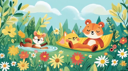 Naklejka premium Happy animals enjoying a sunny day in a floral meadow