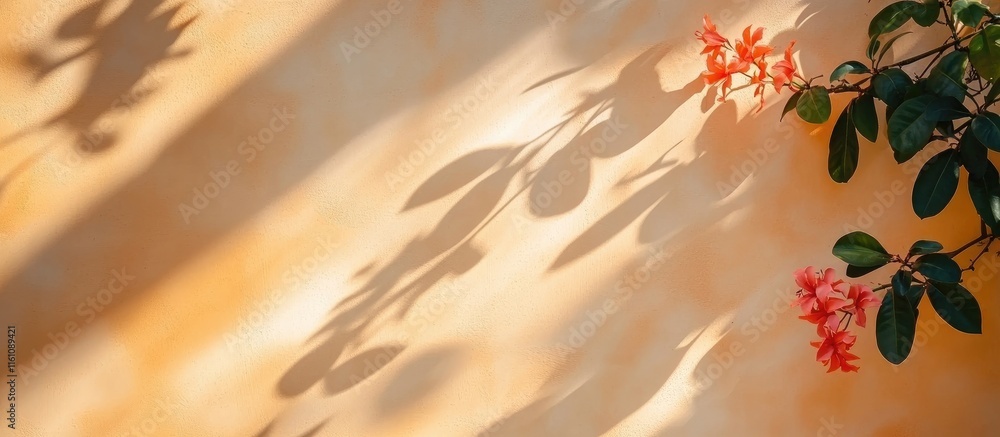 Poster sunlight casting shadows on a textured wall with flowers creating a serene atmosphere and ample spac