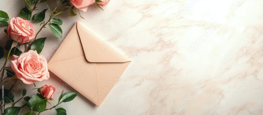 Aufkleber caring letter with pink envelope on marble background surrounded by roses and empty space for your t
