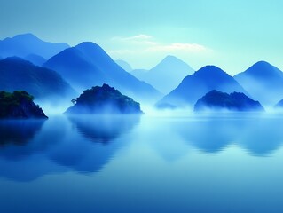 Serene Misty Mountains Reflecting In Calm Water