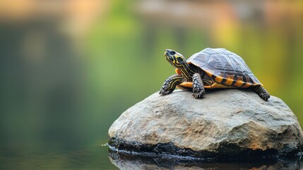 Obraz premium Serene Tortoise Resting on a Rock by Tranquil Water Highlighting Nature's Harmony and Sustainability