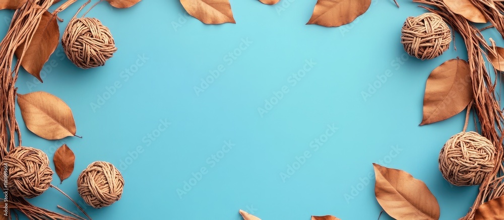 Poster wicker background frame with dry leaves and wicker balls on blue surface featuring empty space for t