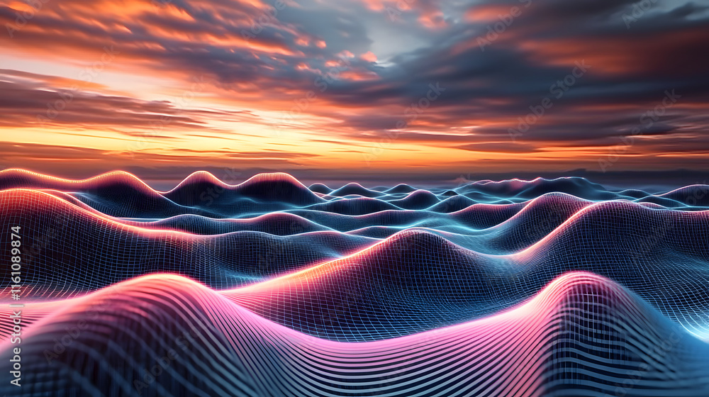 Poster futuristic digital landscape featuring a perspective grid overlaid with abstract gradient waves of l