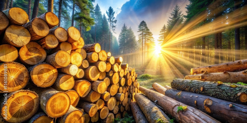 Poster golden sunlight beams through a forest of pine trees illuminating a stack of freshly cut logs