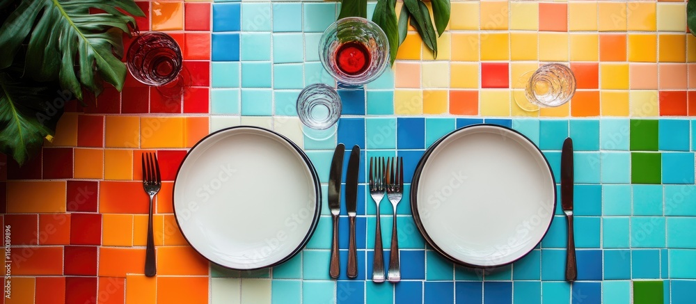 Poster vibrant mosaic dining setup with empty plates and cutlery on colorful table ideal for promotional te