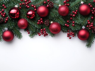 Festive arrangement of red ornaments and pine branches for holiday decoration.