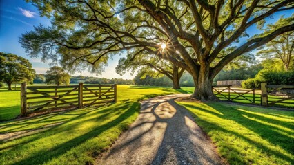 A winding path leads through a verdant meadow, shaded by the sprawling branches of an ancient oak tree, sunlight filtering through the leaves, casting dappled patterns on the ground.