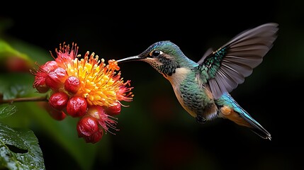 Fototapeta premium Vibrant hummingbird in flight, feeding from a bright orange and red flower against a dark background.