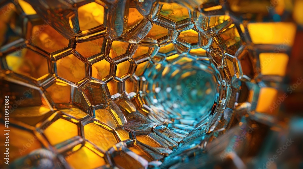 Poster vibrant abstract composition of hexagonal liquid structures creating a mesmerizing fluid tunnel effe