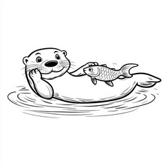 Happy Otter with Fish: A charming black and white illustration of a contented otter floating on water, gently holding a fish. Perfect for children's books, nature illustrations.
