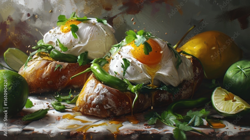 Poster two pieces of toast with eggs and peppers on top. a lime is on the right side of the image