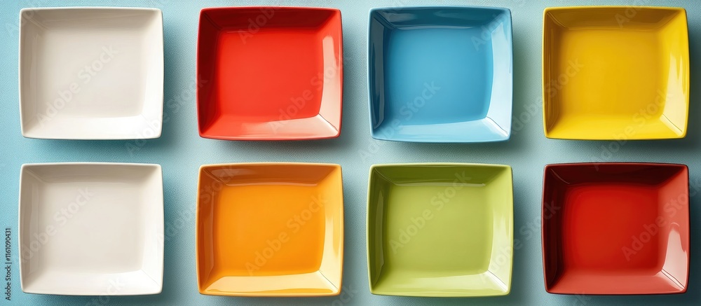 Poster colorful square plates arranged on a blue background with ample blank space for customizable text or