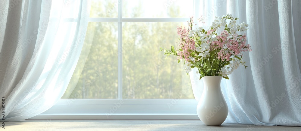 Poster bright and airy window with sheer curtains and a vase of flowers creating a serene atmosphere for te