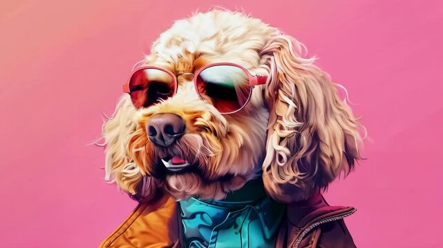 Cool poodle in sunglasses expressing joy against pink background