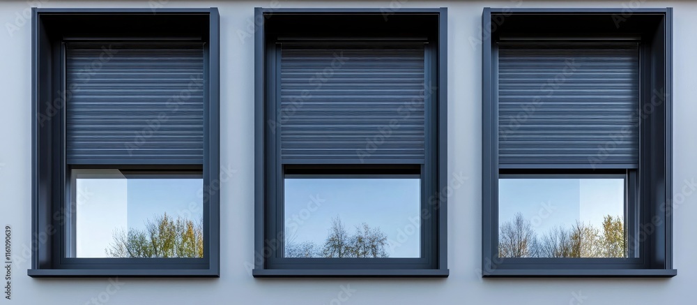 Poster window frames with double glazed windows and external blinds installation for modern condo design wi
