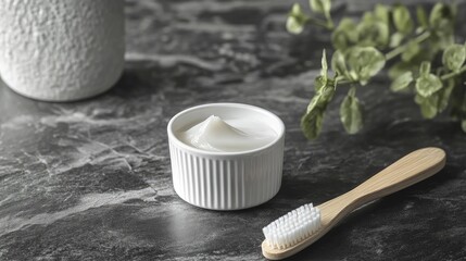 Dental hygiene essentials featuring toothpaste in a white container and a toothbrush on a stylish gray stone background