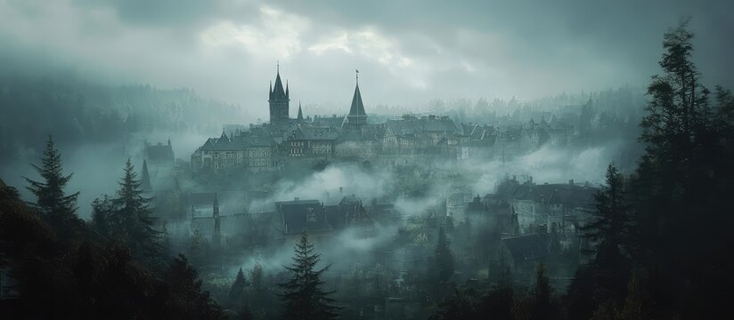 Mysterious cityscape shrouded in mist with dramatic sky and ample negative space for text or overlay.