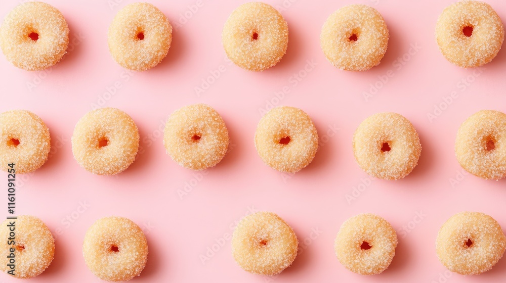Poster mini donut pattern on pastel pink background minimalist food concept top view with negative space fo