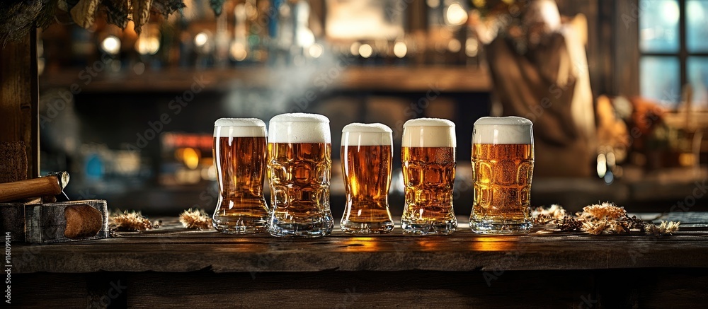Poster glasses of beer on rustic wooden table with festive party setting and empty space for creative text 