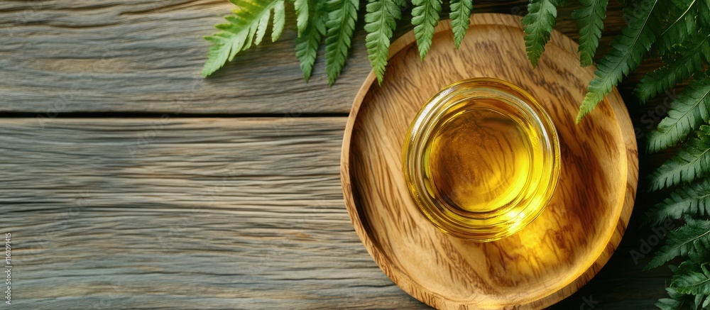 Poster golden oil in a round bottle on wooden surface with green fern leaf creating empty space for text an