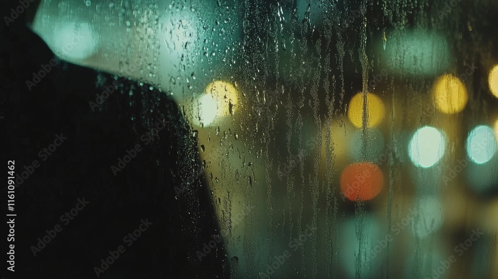 Poster raindrops on windowpane with blurred night lights creating a bokeh effect in a moody urban atmospher